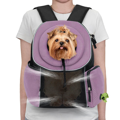 Purple Breathable Mesh Pet Carrier Backpack - Head-Out Design for Small Dogs & Cats, Ventilated Travel Hiking Carrier Bag with Front Entry & Pockets - Purely Pet Essentials