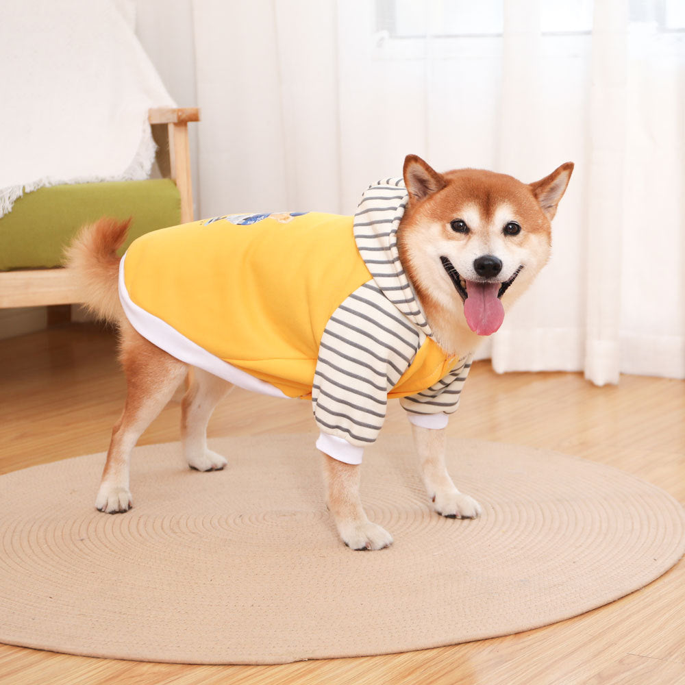 Autumn/Winter Dog Clothes - Yellow Hoodie with Striped Hood & Baseball Bear (Size - S) - Purely Pet Essentials